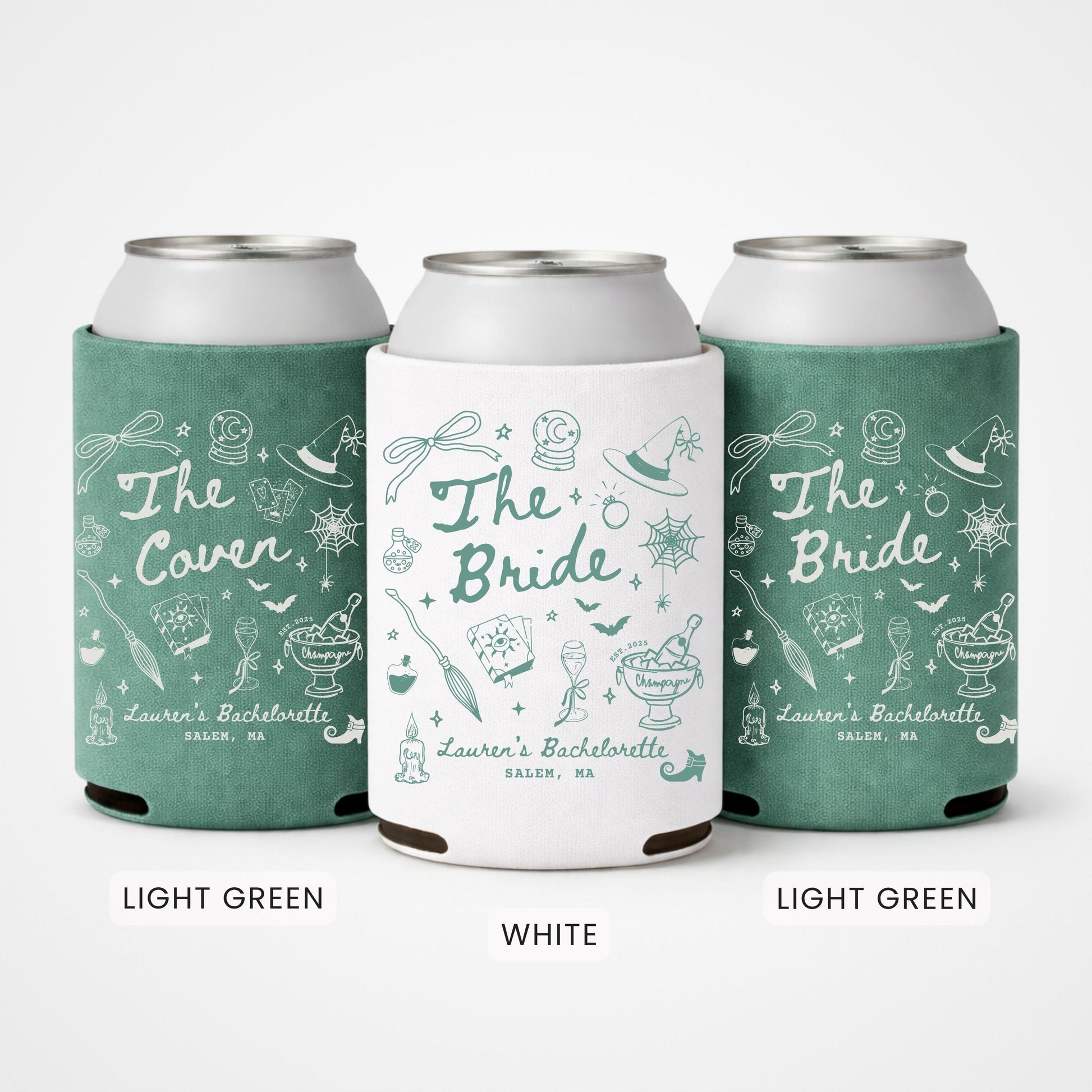Witch Bachelorette Party Can Cooler, Custom Witchy Halloween Can Holder, Personalized Spooky Bridal Party Favor, The Coven Bride Girls Trip