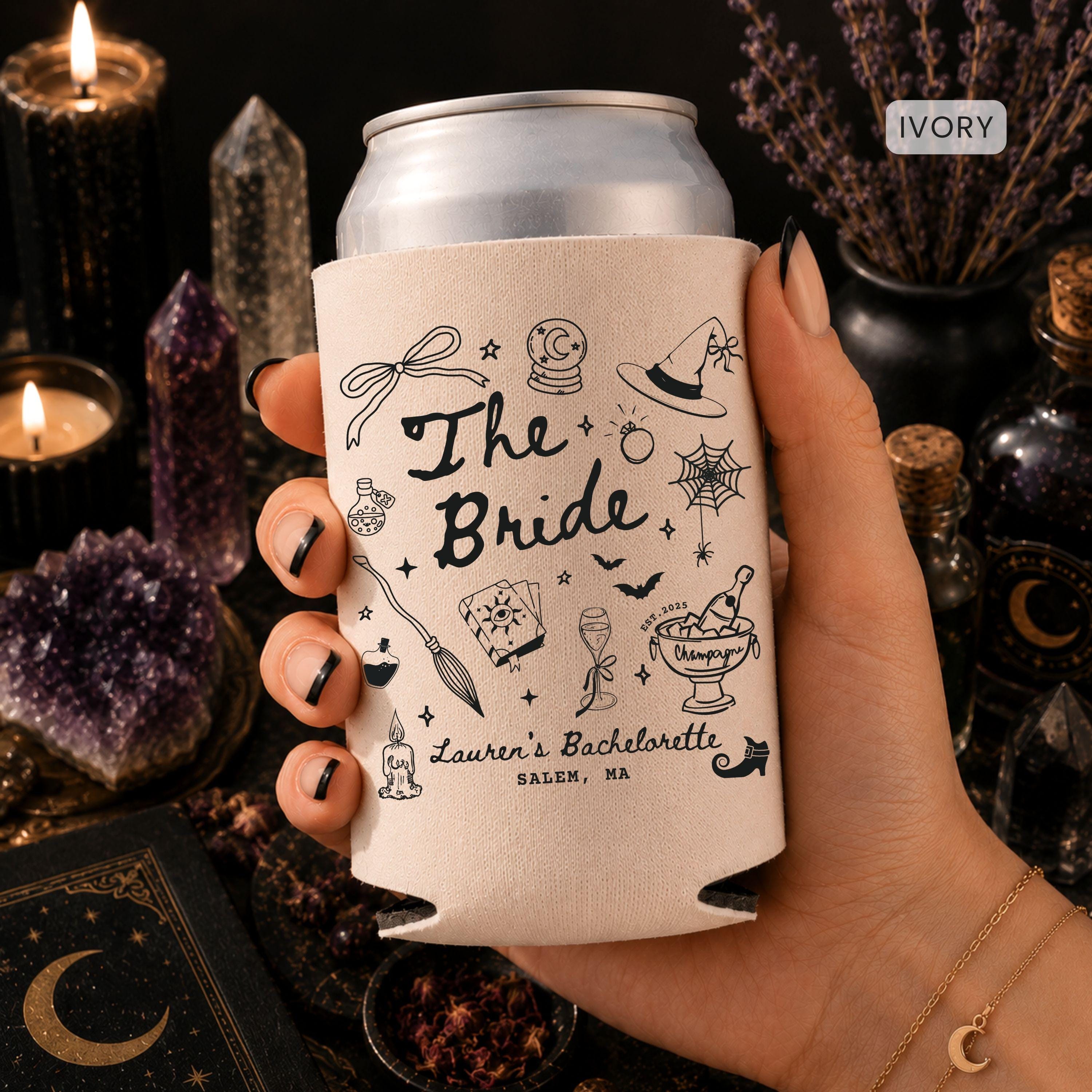 Witch Bachelorette Party Can Cooler, Custom Witchy Halloween Can Holder, Personalized Spooky Bridal Party Favor, The Coven Bride Girls Trip
