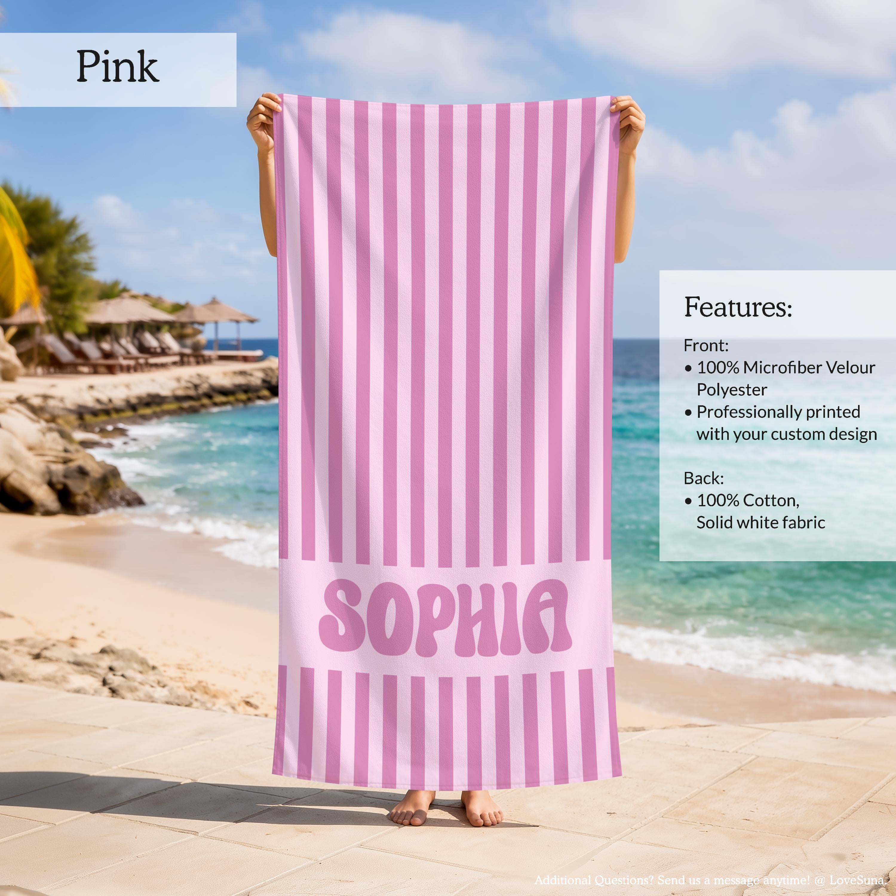 Personalized Striped Beach Towel, Custom Name Retro Bath Towel, Bachlorette Gift