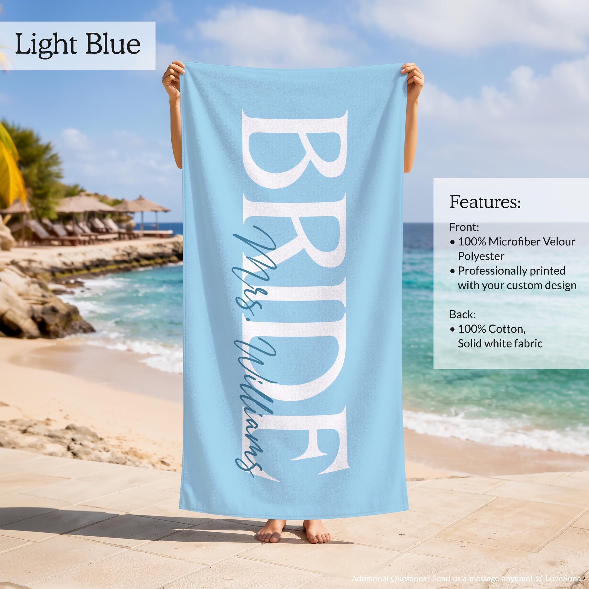 Personalized Bride Beach Towel, Custom Bridesmaid Towel, Bridal Shower Gift, Bachelorette Party Favors, Honeymoon Bride Groom Towel