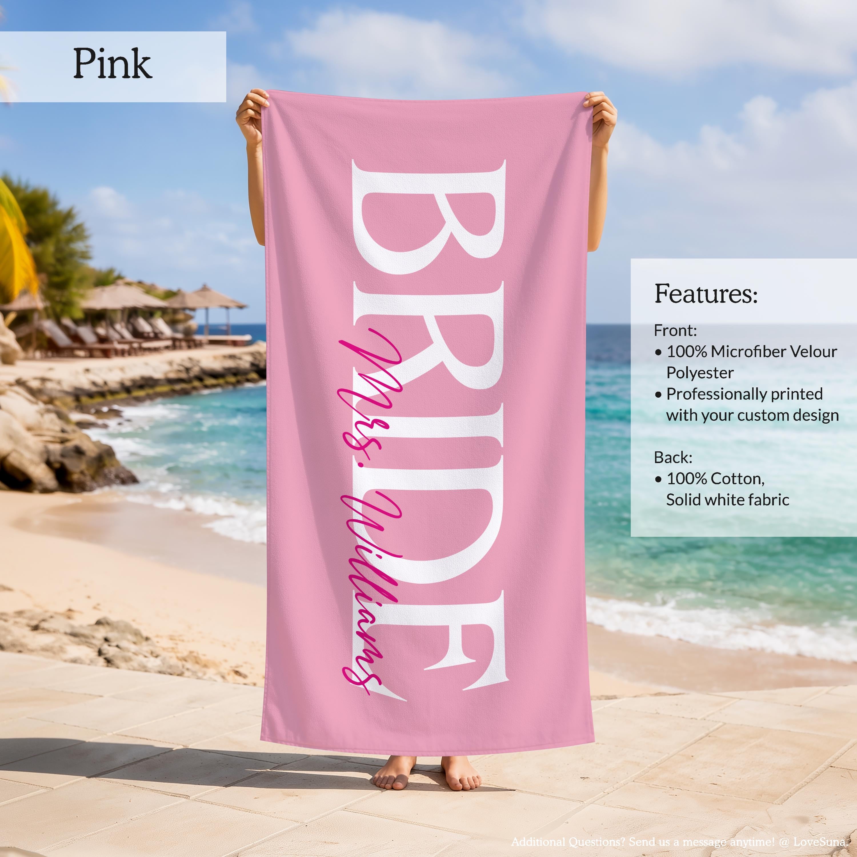 Personalized Bride Beach Towel, Custom Bridesmaid Towel, Bridal Shower Gift, Bachelorette Party Favors, Honeymoon Bride Groom Towel