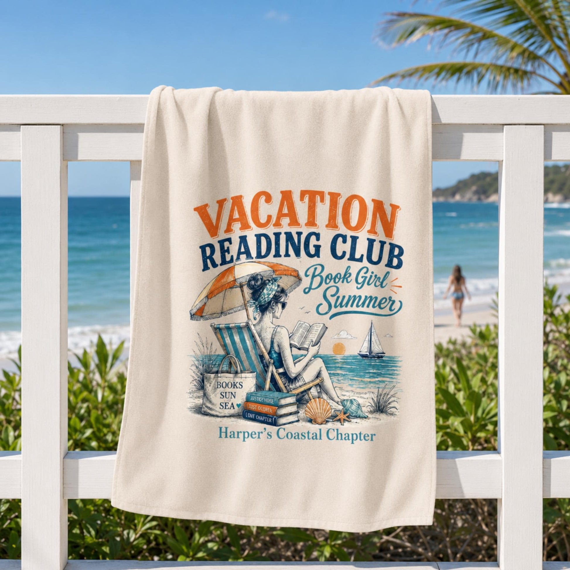 Personalized Book Lover Beach Towel, Custom Reader Gift for Her, Summer Reading Club Towel, Coastal Book Club Gift