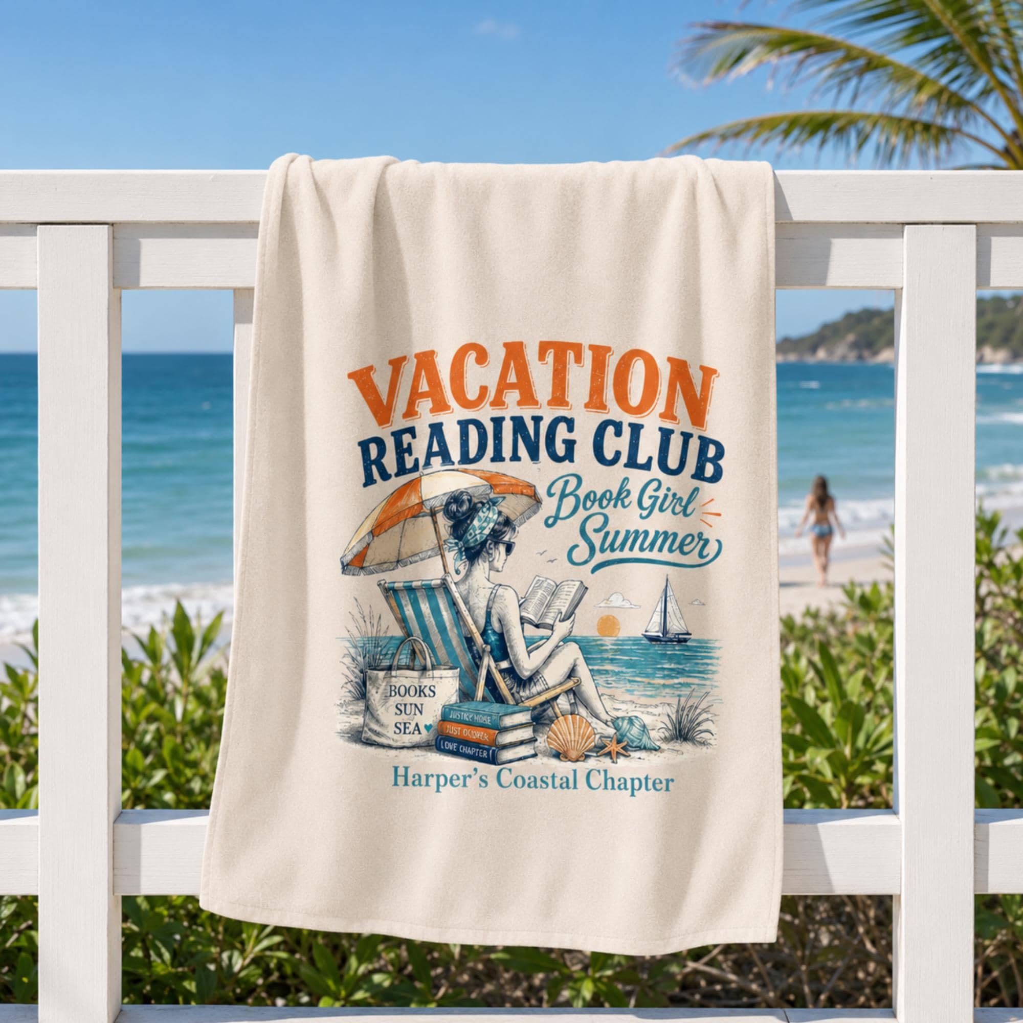 Personalized Book Lover Beach Towel, Custom Reader Gift for Her, Summer Reading Club Towel, Coastal Book Club Gift