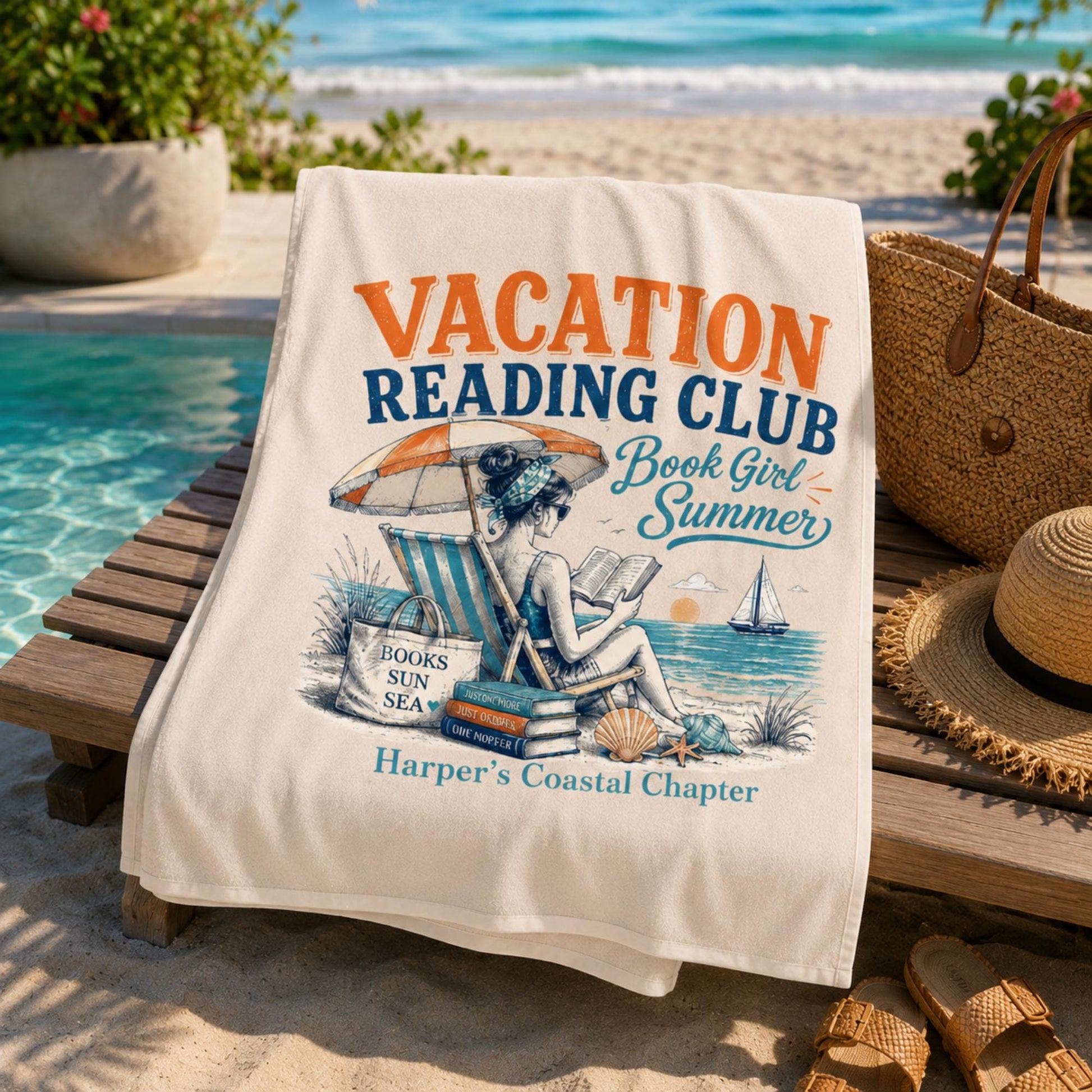 Personalized Book Lover Beach Towel, Custom Reader Gift for Her, Summer Reading Club Towel, Coastal Book Club Gift