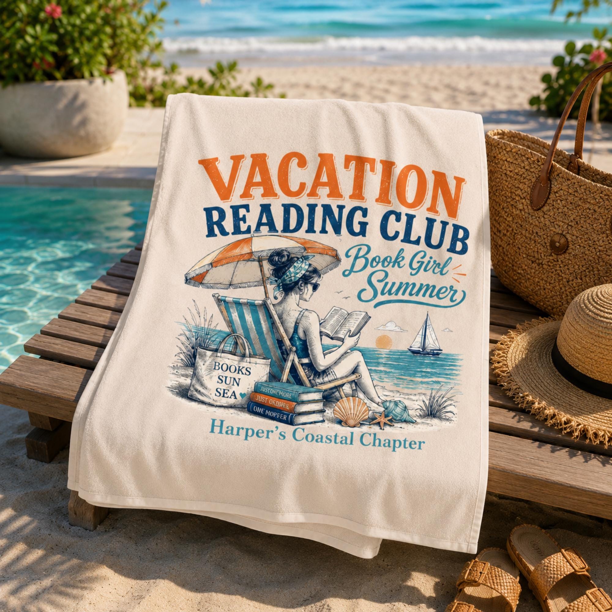 Personalized Book Lover Beach Towel, Custom Reader Gift for Her, Summer Reading Club Towel, Coastal Book Club Gift