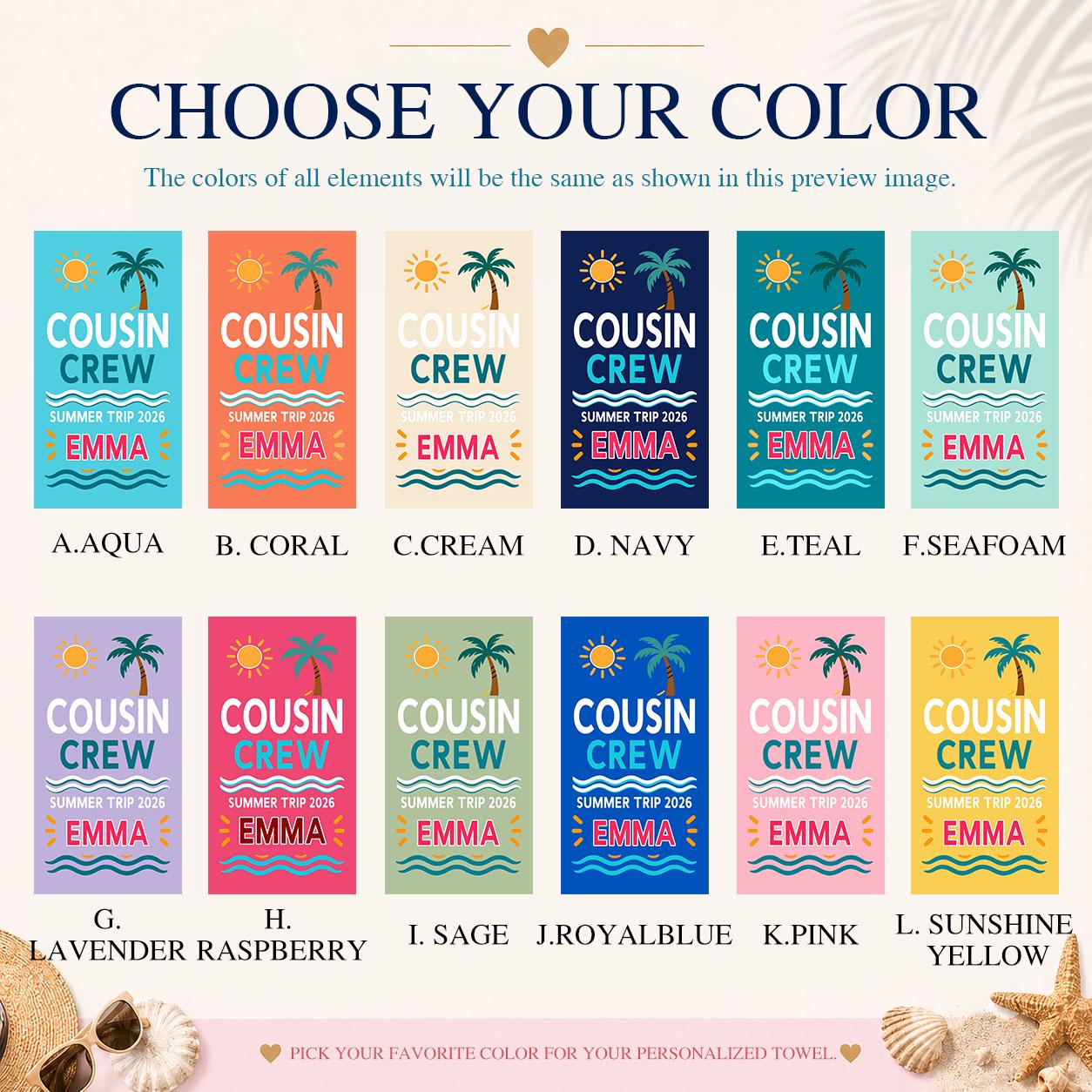 Custom Cousin Crew Beach Towel, Personalized Matching Summer Vacation Gift