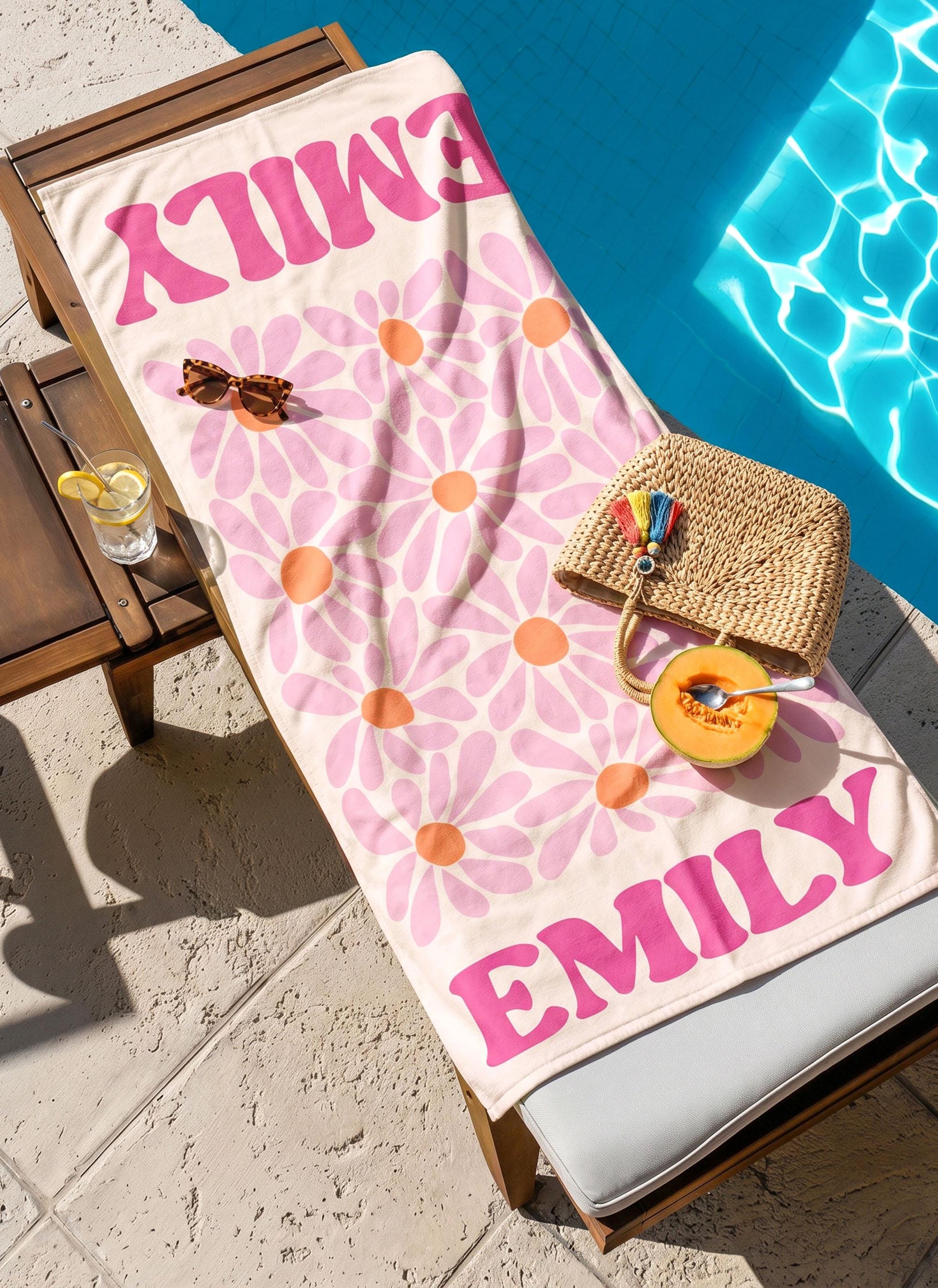 Personalized Retro Floral Beach Towels, Custom Name Pool Trips Towel, Bachelorette Party Favors, Girls Trip Summer Towel