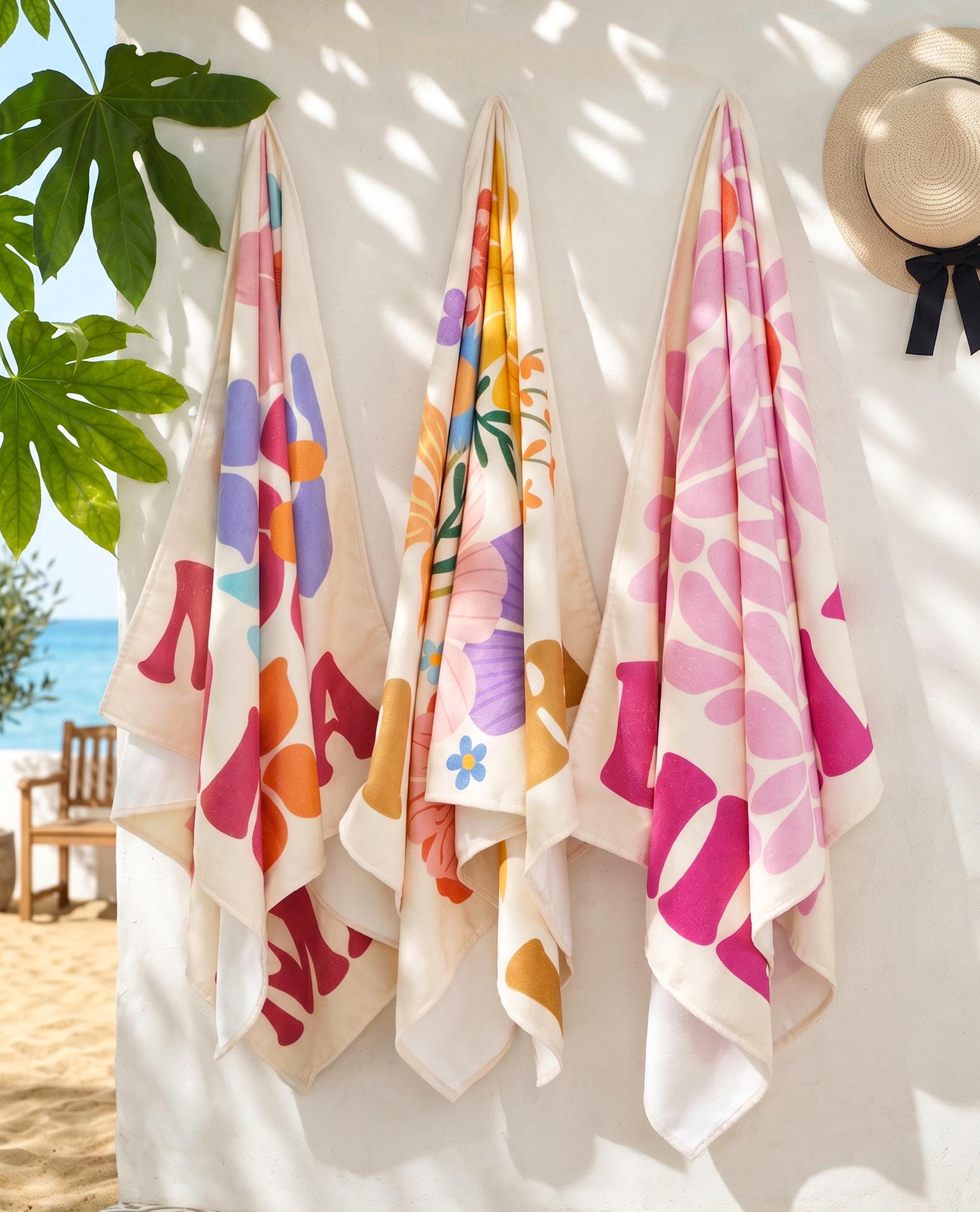 Personalized Retro Floral Beach Towels, Custom Name Pool Trips Towel, Bachelorette Party Favors, Girls Trip Summer Towel