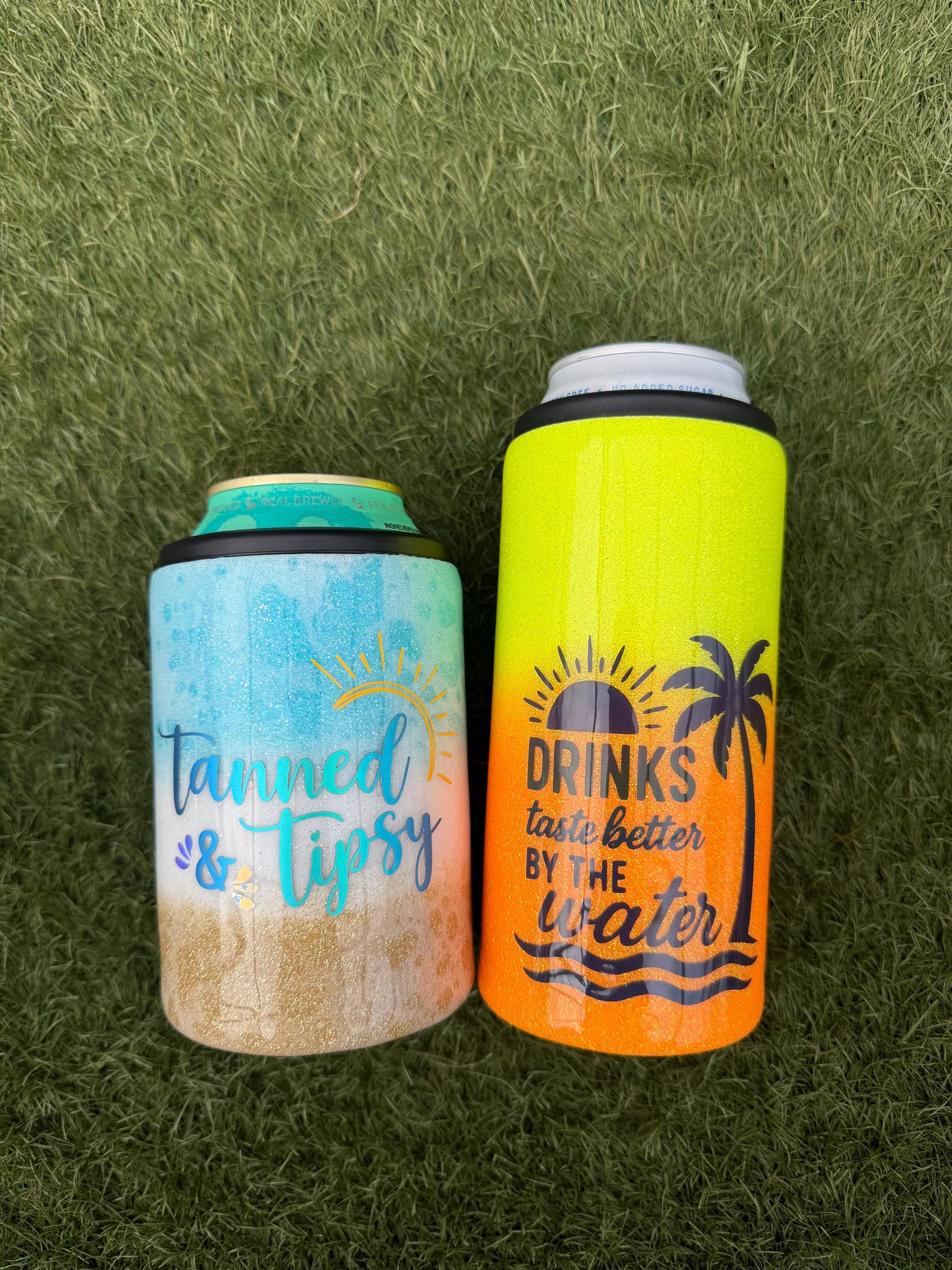 Custom Glitter Slim Can Cooler and Standard Can Chiller | Stainless Steel Beverage Insulator | Beach/Pool Drink Holder | Summer Gift