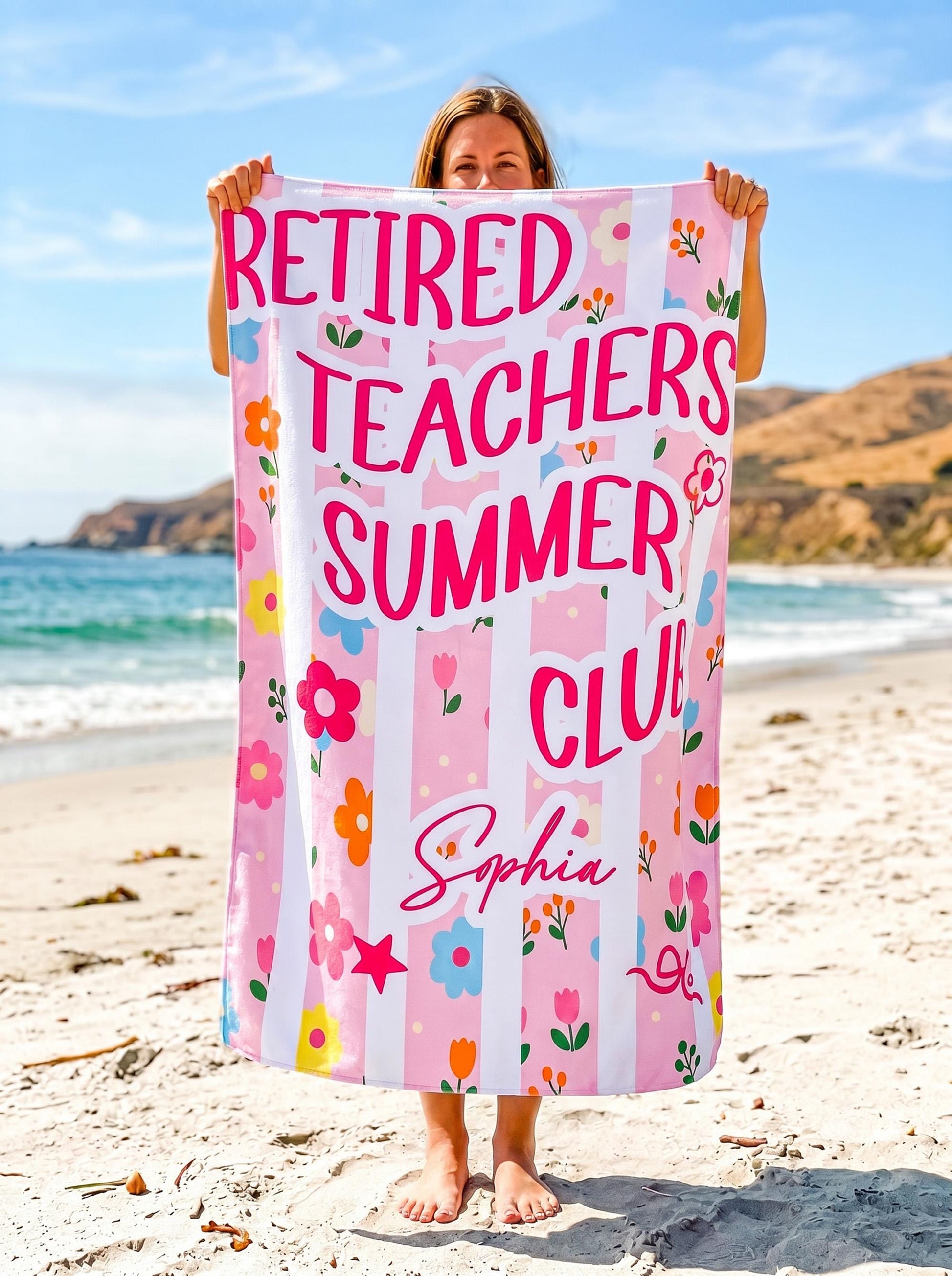Personalized Beach Towel for Teachers, Tired Teachers Summer Club, Custom Name Towel, End of School Teacher Gift, Pool Towel for Women