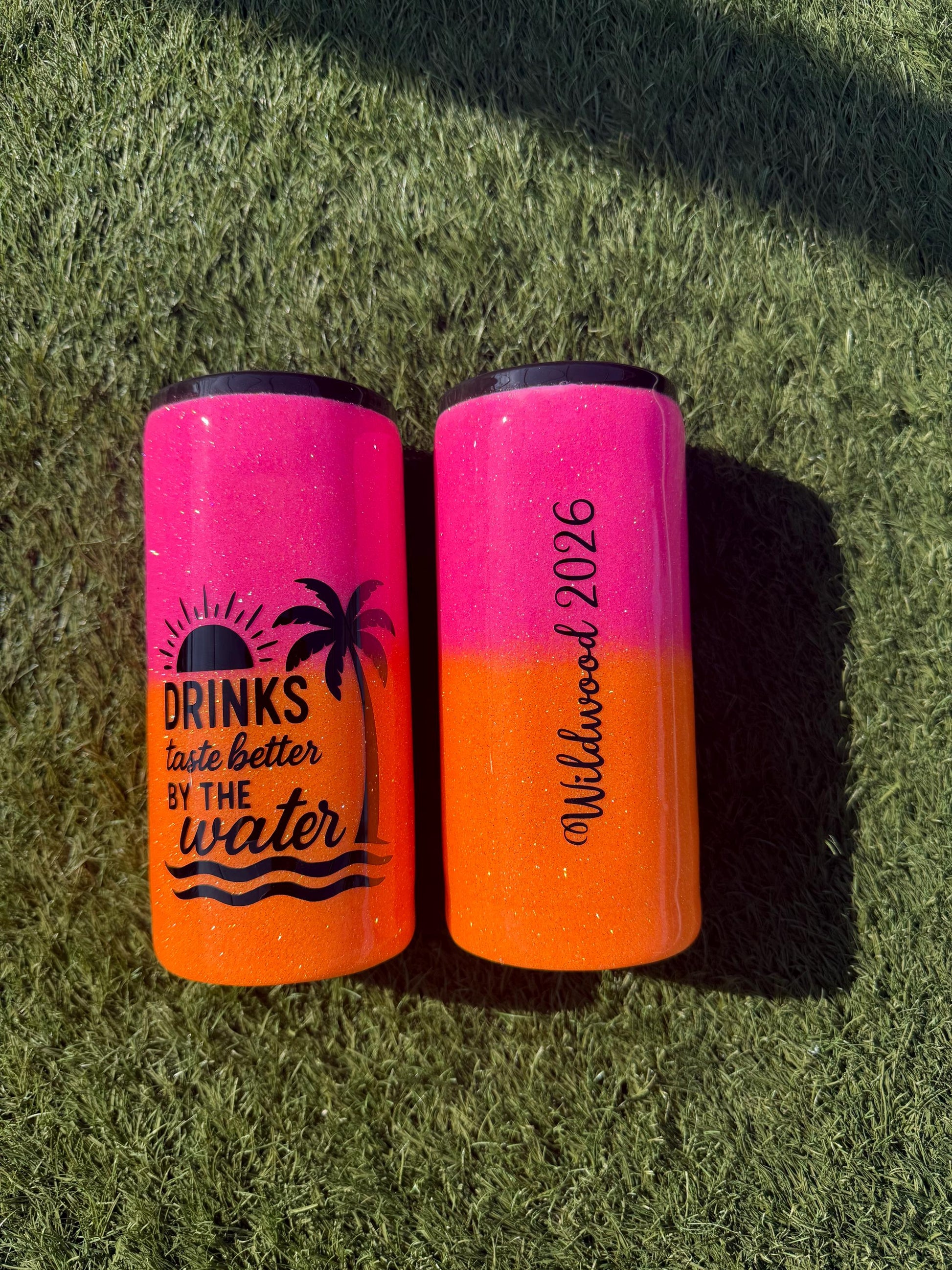 Custom Glitter Slim Can Cooler and Standard Can Chiller | Stainless Steel Beverage Insulator | Beach/Pool Drink Holder | Summer Gift