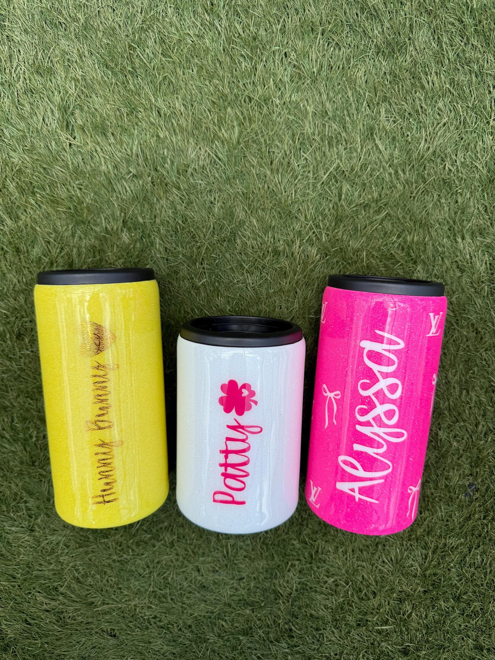 Custom Glitter Slim Can Cooler and Standard Can Chiller | Stainless Steel Beverage Insulator | Beach/Pool Drink Holder | Summer Gift