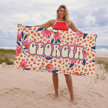 Personalized Tropical Floral Beach Towel: Custom Name Vacation Gift