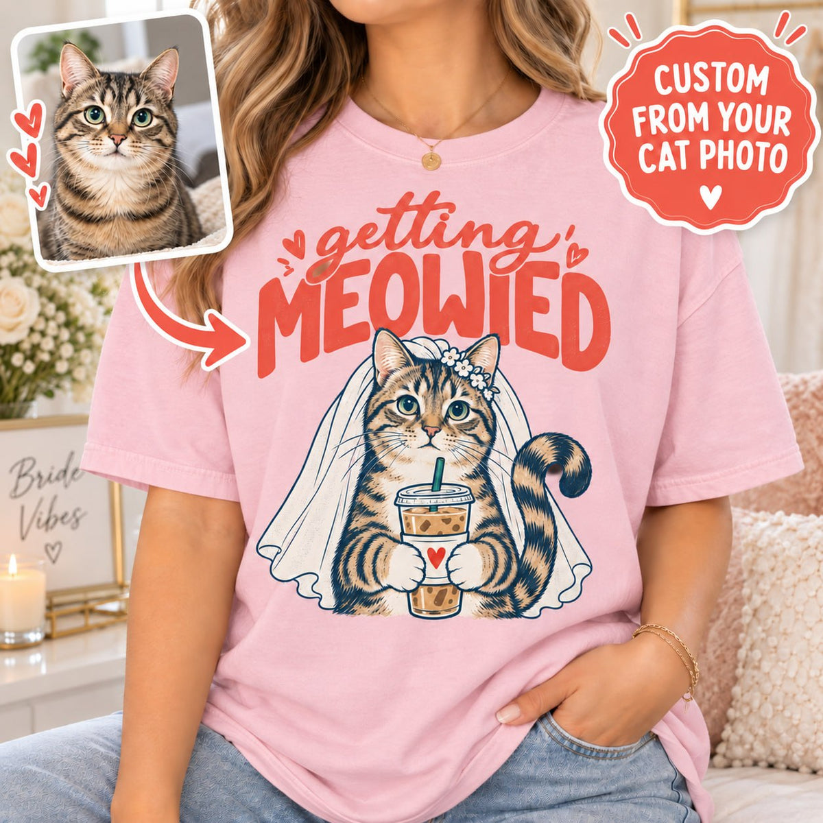 Personalized Getting Meowied Cat Photo Comfort Colors Tee mockup 3