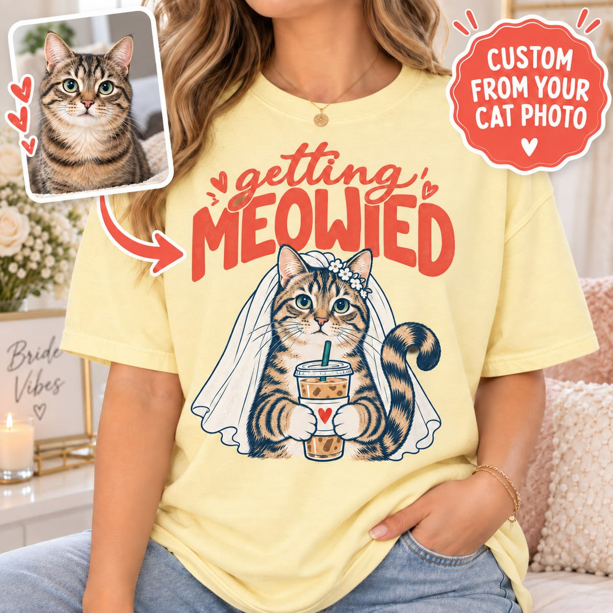 Personalized Getting Meowied Cat Photo Comfort Colors Tee mockup 4