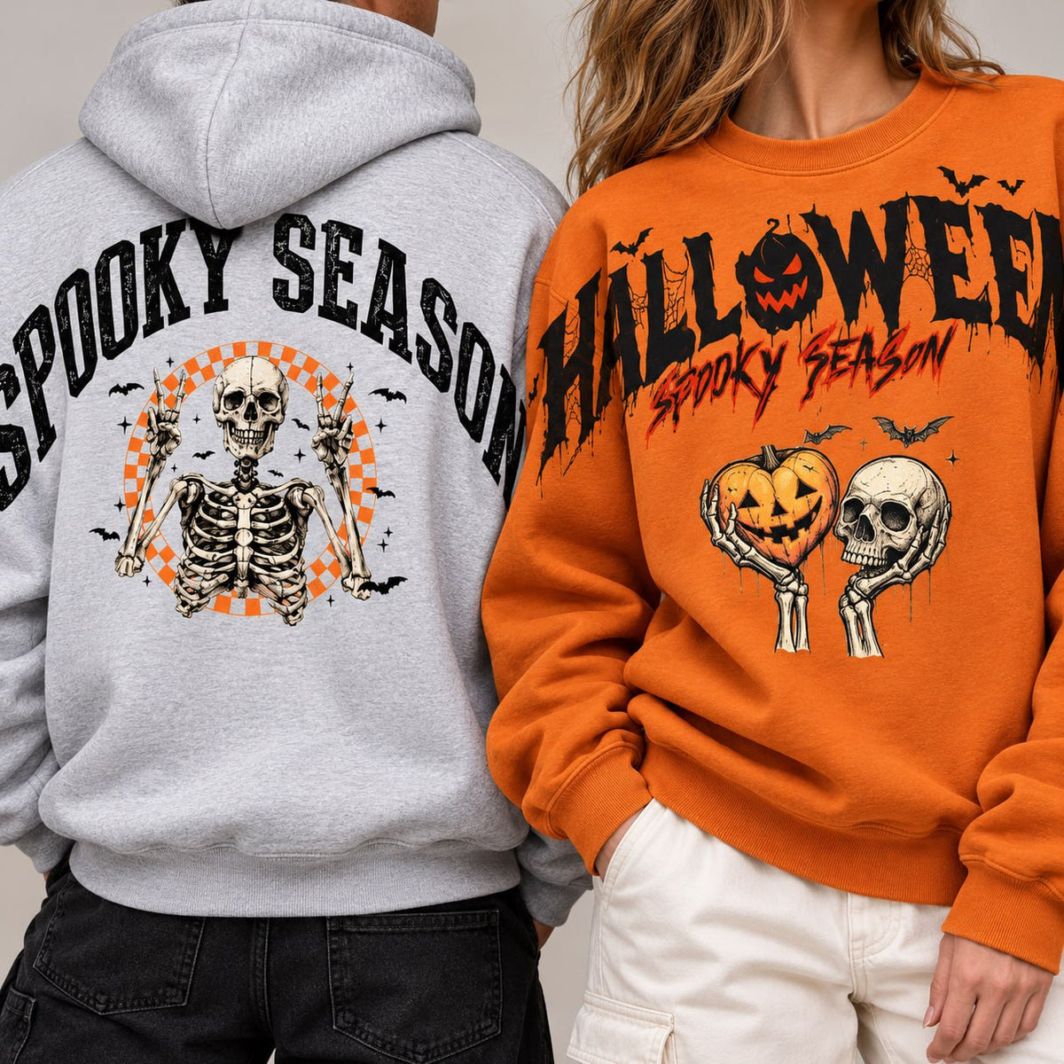 Halloween sweatshirt and Spooky Season skeleton hoodie lifestyle mockup
