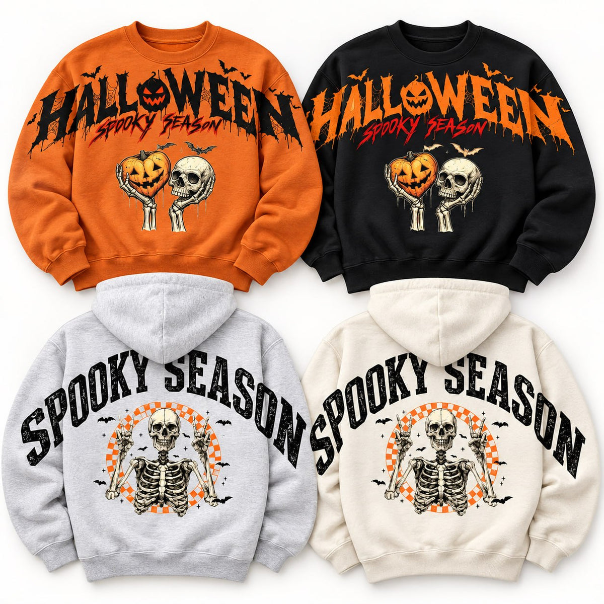 Halloween Spooky Season sweatshirt and skeleton hoodie options