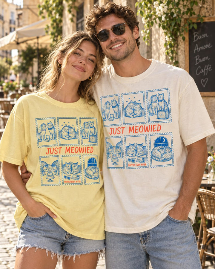 Just Meowied Vintage Cat Collage Comfort Colors Tee mockup 1