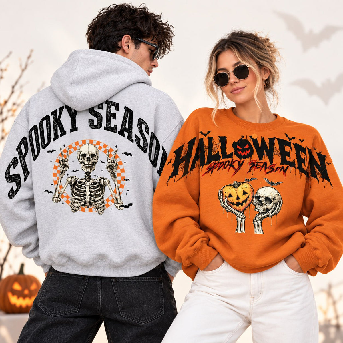 Matching Halloween sweatshirt and skeleton hoodie mockup