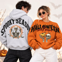Matching Halloween sweatshirt and skeleton hoodie mockup