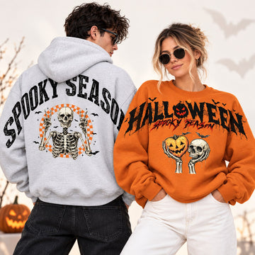 Matching Halloween sweatshirt and skeleton hoodie mockup