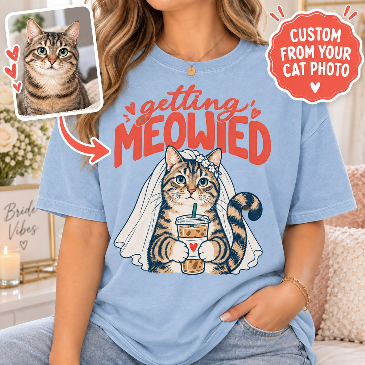 Personalized Getting Meowied Cat Photo Comfort Colors Tee mockup 1