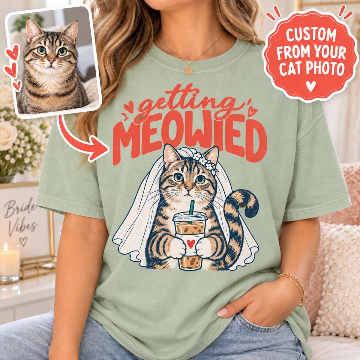 Personalized Getting Meowied Cat Photo Comfort Colors Tee mockup 2