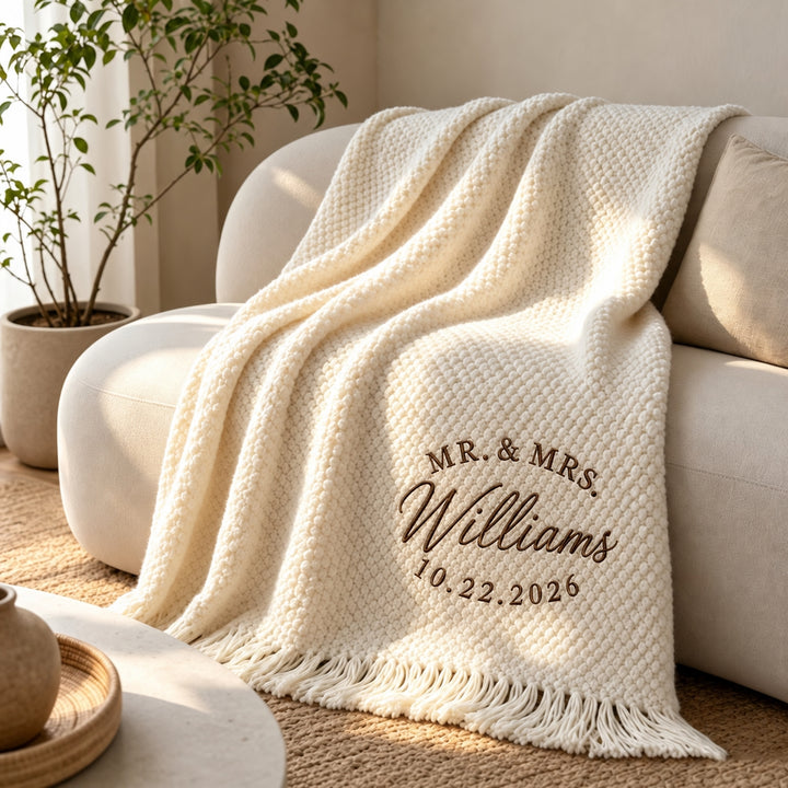 Personalized Wedding Throw Blanket, Custom Embroidered Mr and Mrs Blanket
