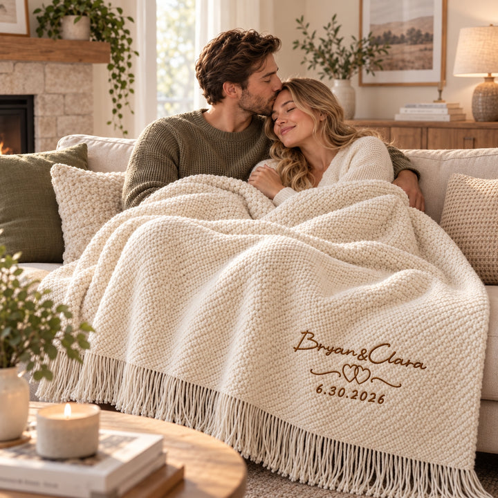 Custom Embroidered Knit Blanket | Personalized Couple Names, Wedding Date Throw