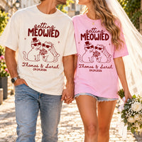 Personalized Getting Meowied Wedding Shirts, Custom Names and Date Cat Couple Tees, Matching Bride and Groom Gift