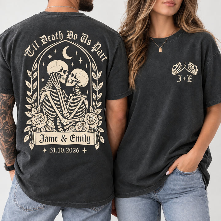 Personalized Til Death Couple Shirts, Custom Skeleton Wedding Tees, Names & Date, Gothic Bride Groom Matching Shirts