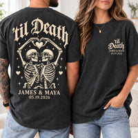 Personalized ’Til Death Skeleton Couple Shirts – Custom Names & Date