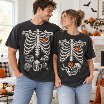 Food & Baby Skeleton Rib Cage Couple Shirts – Halloween Pregnancy Reveal