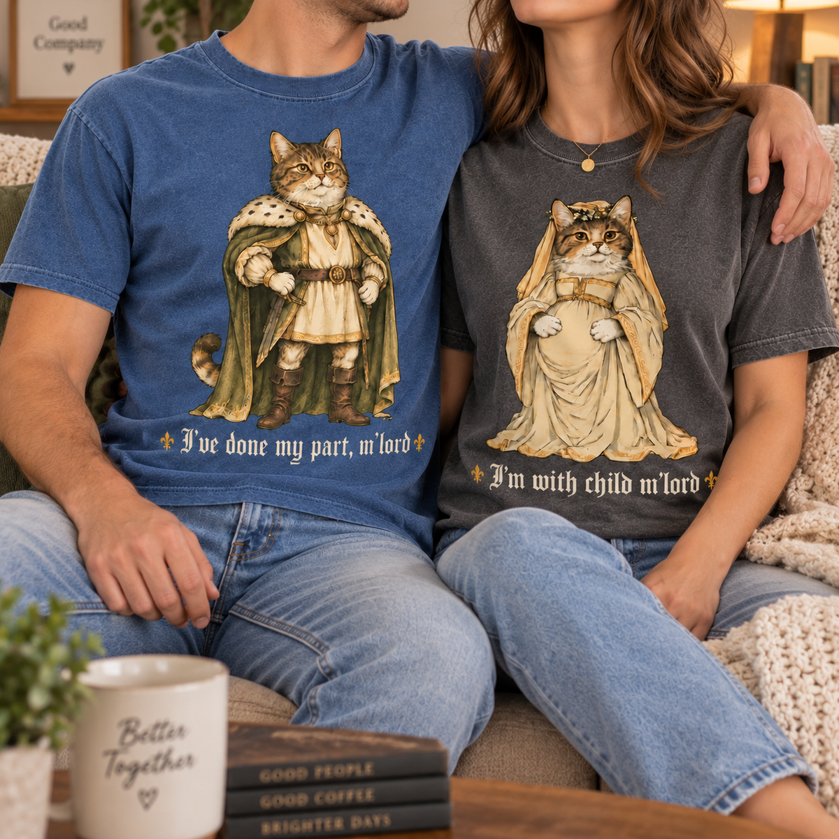 Matching medieval king and pregnant queen cat pregnancy announcement Comfort Colors tees