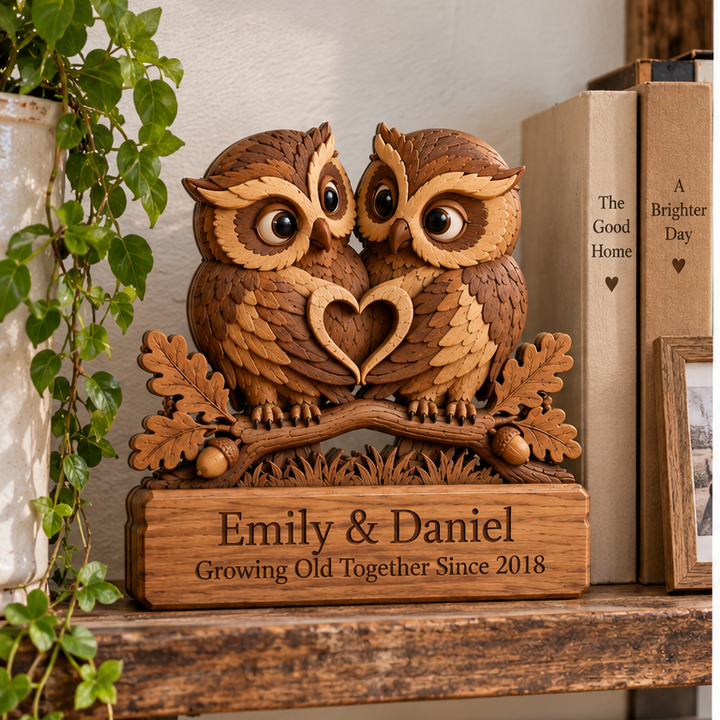 Personalized Owl Couple Wooden Block, Custom Names Anniversary Gift, Romantic Owl Decor, Woodland Wedding Couple Home Decor Gift