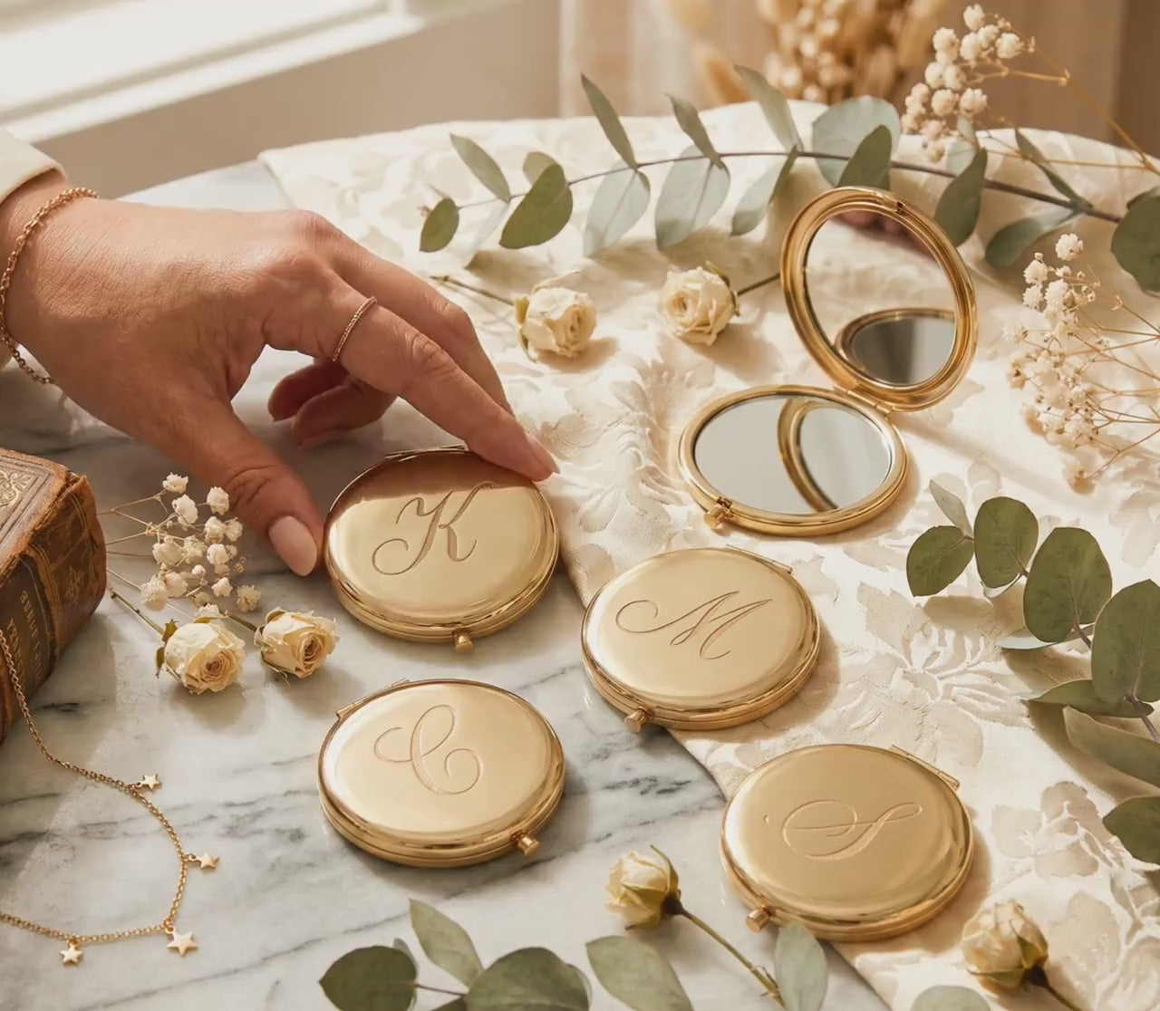 Personalized Gold Compact Mirror for Bridesmaids, Custom Engraved Monogram Pocket Makeup Mirror