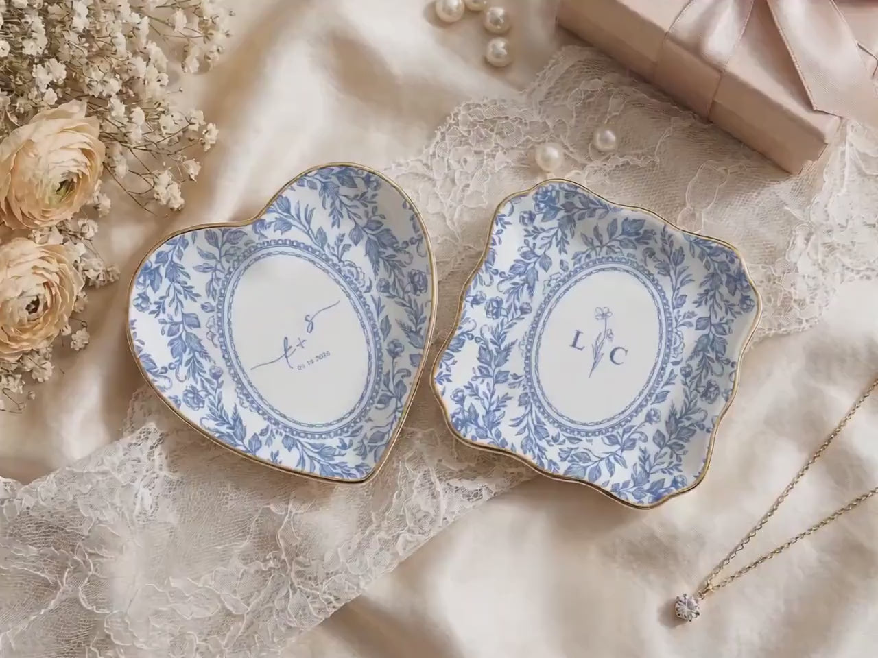Personalized Toile Wedding Jewelry Dish product video
