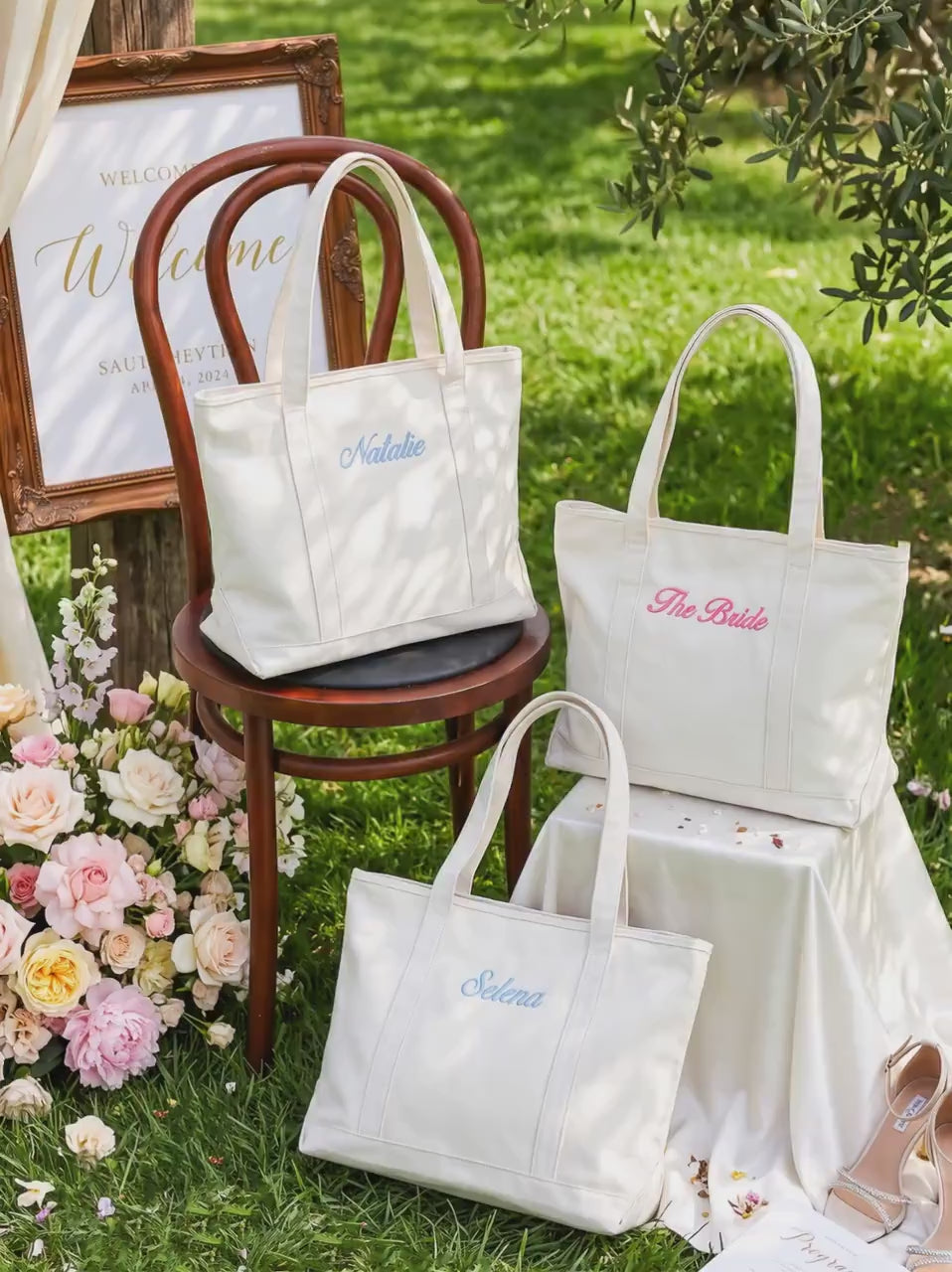 Personalized Embroidered Canvas Tote Bag for Bridesmaids, Custom Name Wedding Party Gift & Bachelorette Favor