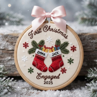 First Christmas Engaged Ornament, Personalized Engagement Gift, Custom Holiday Decor Keepsake, Engaged Christmas Hoop Ornament,Marriage Hoop