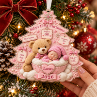 Personalized Baby & Teddy Birth Stats Tree Ornament – First Christmas
