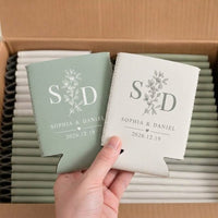 Personalized Monogram Wedding Can Cooler, Custom Couple Names & Date Drink Sleeve, Bachelorette Engagement & Bridal Shower Favor