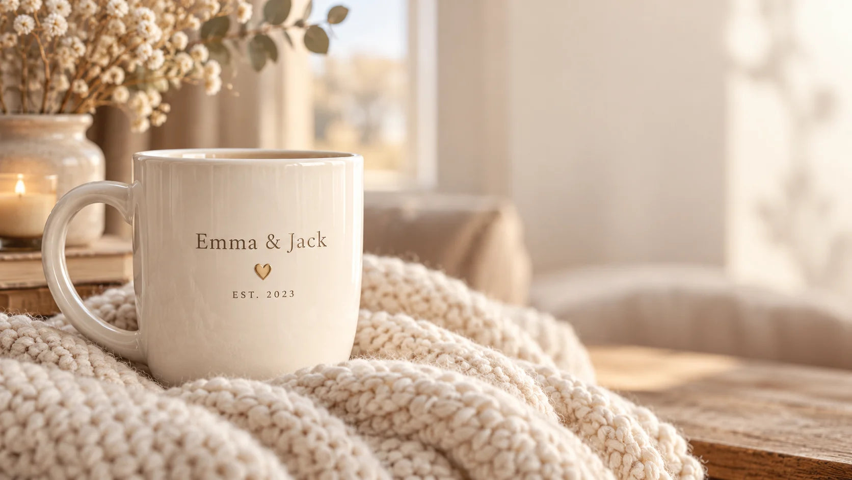Personalized ceramic mug on a soft knitted blanket